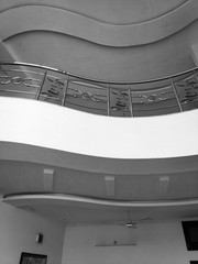 Shiny steel railings in a home interior. Focus on railing.