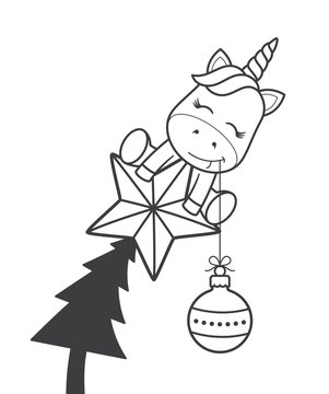 Vector Christmas theme. Funny little unicorn sitting on Christmas tree with star. Holding bulb. Isolated on white background.