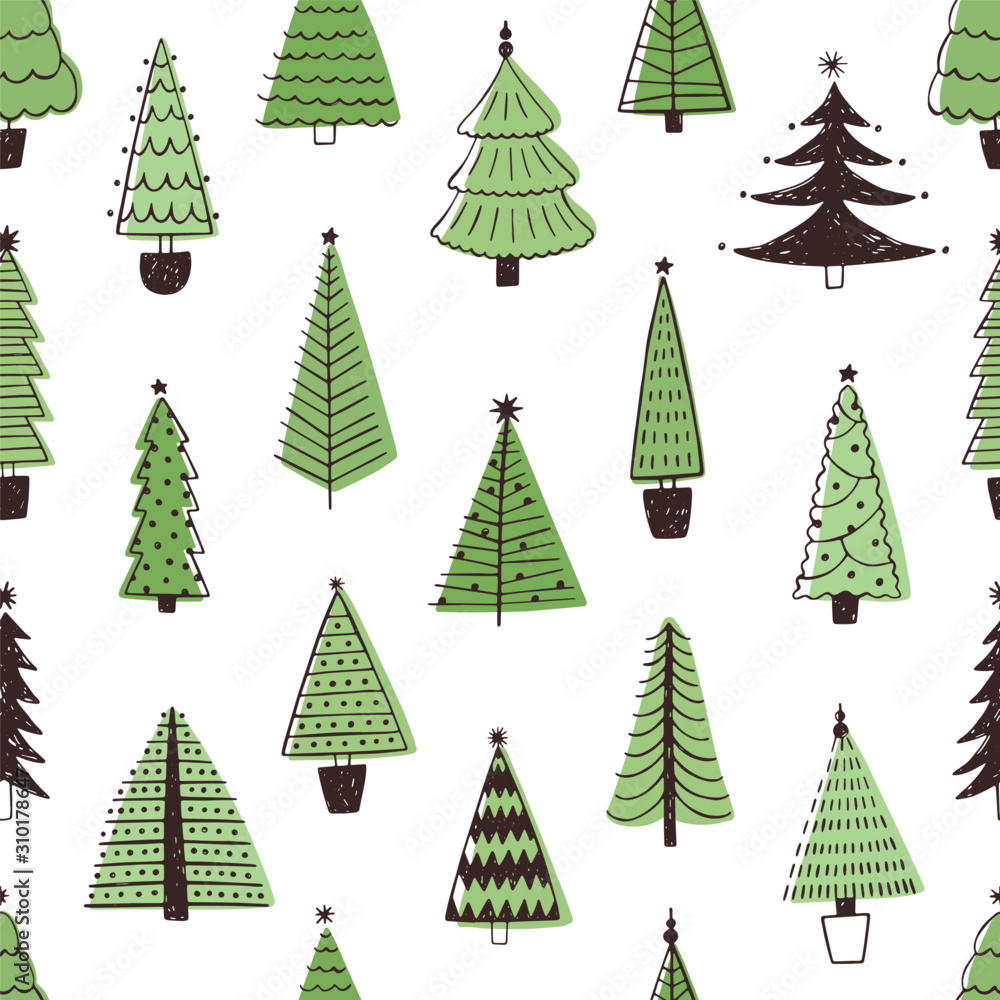 Poster christmas trees hand drawn vector seamless pattern