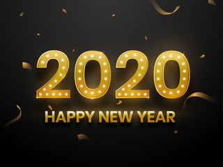 Golden text 2020 with marquee lights on black background for Happy New Year celebration.