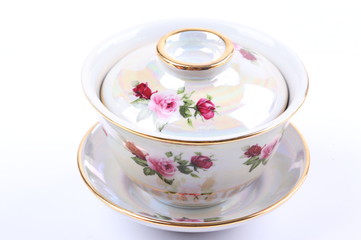 Asian ceramics tea cups set on white background