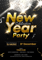 New Year Party Celebration Invitation, Flyer Design with Disco Ball and Lighting Effect on Black Background.