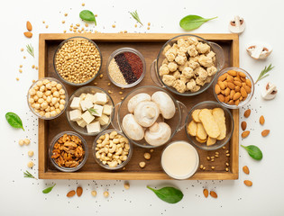 Tray with set of soybean products, nuts, legumes and mushrooms