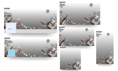 Christmas & New Year Header or Banner, Post and Template with Gift Box, Champagne Bottle, Origami Paper Xmas Tree, Pine Leaves, Silver and Bronze Stars, Lighting Garland Decorated Grey Background.