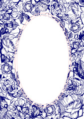 Hand drawn floral vertical oval frame with graphic roses flowers 