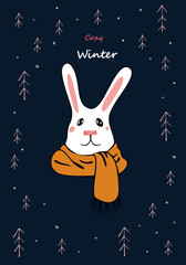 Obraz na płótnie Canvas Cozy winter. Hand drawn illustration. White rabbit in yellow scarf on dark blue background with pink forest and white snowflakes. Stock vector for web, print, textile, card, postcard and wallpaper. 
