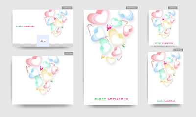 3D Colorful Hearts with Candy Cane and Ho Text Decorated on White Background for Merry Christmas Celebration. Social Media Poster and Template Set.