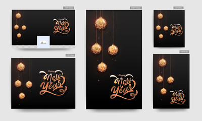 Fototapeta na wymiar Bronze Happy New Year Font with Hanging Illuminated Baubles Decorated on Black Background. Social Media Poster and Template Design Set.