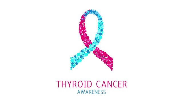 Thyroid cancer disease awareness day animation. Teal, pink and blue ribbon made of dots. Hyperthyroism problem. Medical concept. Motion graphics.