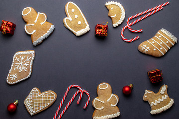 Christmas homemade gingerbread cookies. Celebration cooking Winter concept. New year and christmas postcard or invitation