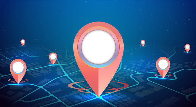 GPS navigation system with red pins showing on city map
