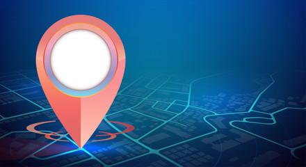 GPS pin showing on city map in digital technology