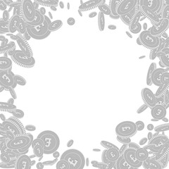 British pound coins falling. Scattered black and w