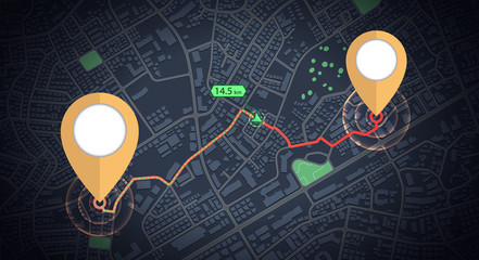 GPS mock up icon tracking with distance arrow on city map