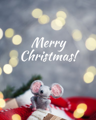New year symbol 2020 mouse and gift red boxes in Santa hat