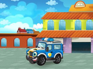 cartoon scene with car vehicle on the road near the garage or repair station - illustration for children