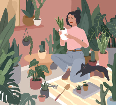 Girl caring for house plants in urban home garden with cat. Daily life and everyday routine scene by young woman in scandinavian, style cozy interior with homeplants. Cartoon vector