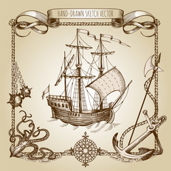 Adventure stories. Pirate background. Vintage border frame. Old caravel, vintage sailboat, sea monster.