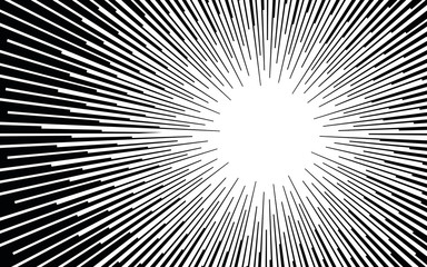 Comic book black and white radial lines background Manga or anime speed texture Superhero action frame Zoom effect Pop art gradient design Explosion vector illustration - obrazy, fototapety, plakaty
