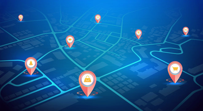 GPS pins with sign icon showing on city map blue color