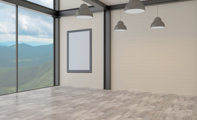 office with open space on the background of the evening city. meeting room in a modern style. Brick walls. large panoramic windows.. 3D rendering. Blank paintings.  Mockup.