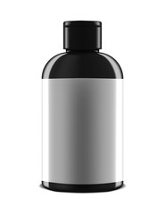 Black cosmetic bottle with blank white label, realistic mockup. Beauty skin care product packaging container, vector mock-up