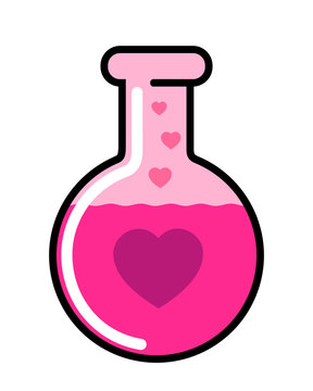 Love potion - alchemic liquid substance and drink for affection, romantic emotion and falling in love. Vector illustration isolated on white.