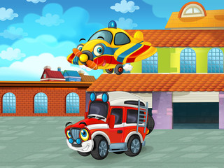 cartoon scene with car vehicle on the road near the garage or repair station - illustration for children