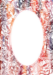 Hand drawn floral vertical oval frame with graphic roses flowers 