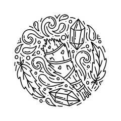Round doodle template of smudge stick. Cartoon bunch with smoke, bird feathers and crystals. Contour hand drawn vector concept. Black and white illustration for witchcraft ceremony. Outline sticker