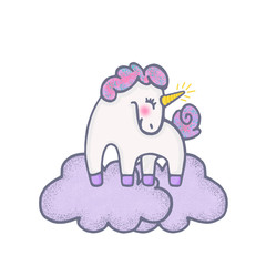 illustration with funny unicorn оn the clouds. Сolorful doodle with cute pony with pink mane.