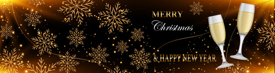 Carte invitation Merry christmas and happy new year sur fond noir flocons dorée coupes de champagne