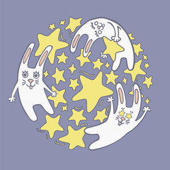 Vector illustration with funny rabbits in the stars. Сolorful doodle with cute bunnies.