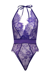 Subject shot of a purple lace sexy bodysuit with a silk belt and neck ties. The lingerie is isolated on the white background.