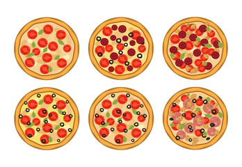 Pizza seamless pattern. Mozzarella, Cheese, Basil, Tomato, pepperoni, olives. Illustration for backgrounds, card, posters, banners, textile prints, cover, web design. Eat healthy. Vector icons.