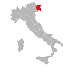 Friuli venezia giulia marked red on italy map. Gray background. Italian political map.
