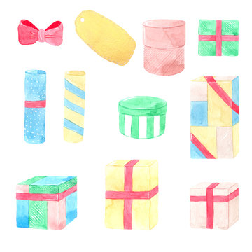 Watercolor set of gift boxes. Colorful gifts are great for decorating birthday invitations, cards, textiles, scrapbooking, photo albums and much more.