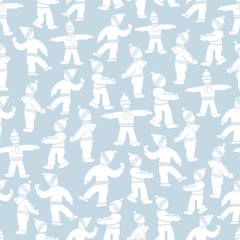 Fototapeta na wymiar Vector Whie Kids Silhouette Playing in Snow on Blue Background Seamless Repeat Pattern. Background for textiles, cards, manufacturing, wallpapers, print, gift wrap and scrapbooking.