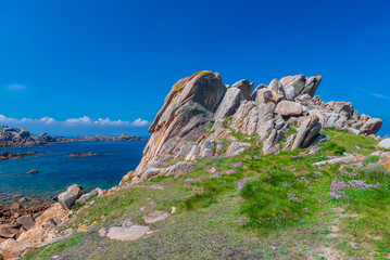 Bizzare Felsformation mit Wiese und Blumen vor blauem Himmel an der Küste der Bretagne.