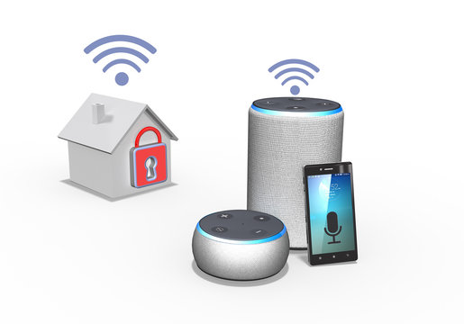3d Sprachgesteuerte Vernetzung mit Lautsprecher, Mikrofon Smartphone  in der Wohnung, Haus, freigestellt