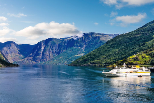 Beautiful Scenery With A Cruise Ship In The Norwegian Fjords