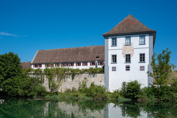 Landscape on the Rhine with former monastery building of the Rhe