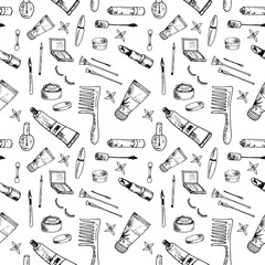 Beauty pattern. Hand drawn beauty, makeup and cosmetics icons and objects. Seamless vector backdrop. Sketch design elements. Isolated vector illustrations on a white background.