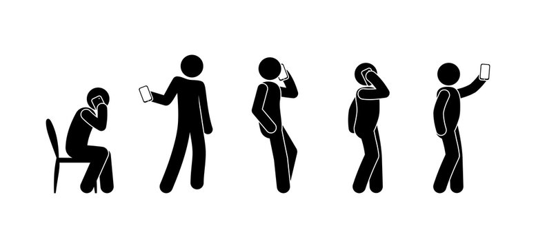 People use the phone, a man holds a smartphone, stick figure illustration, isolated human icons
