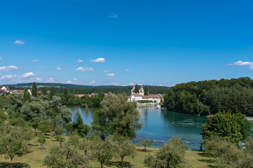Fototapeta na wymiar Landscape with the Rhine river and the Monastery Island in Rhein