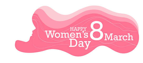 Women's Day design with silhouette girl face and text label. 8 March. Vector illustration