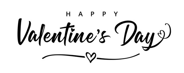 Lettering Happy Valentines Day banner. Valentines Day greeting card template with black typography text happy valentine`s day and heart in line on background. Vector illustration