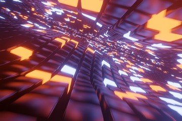 Abstract 3D space background with a perspective of metal cubes and bright elements of light.