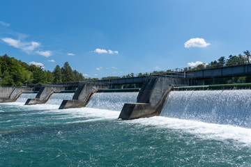 Hydro power station on the Rhine river in Rheinau in Switzerland