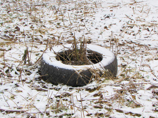 Car tire lies on a snowy lawn in the grass.